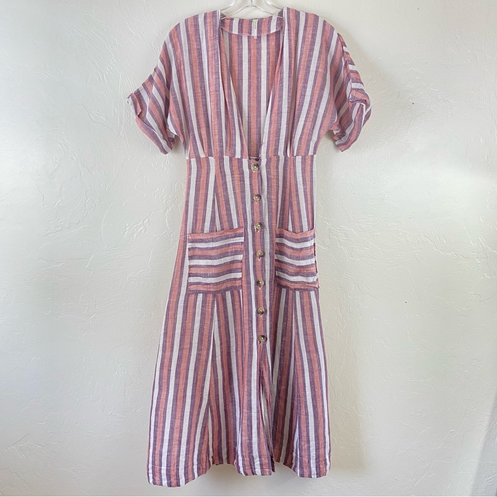 Free People Size XS Peach Linen Stripe Short Sleeve Button Down Flowy Maxi Dress